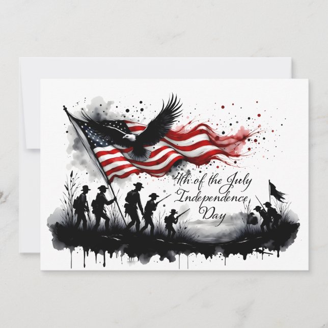 Carte 4 juillet art patriotique avec drapeau et soldats (Devant)