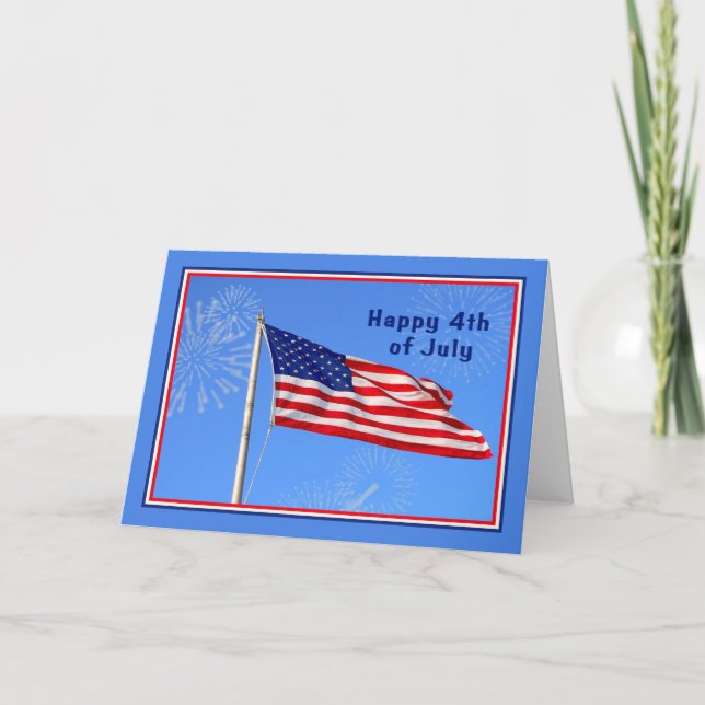 Carte 4 juillet avec drapeau américain, feux d'artifice (Devant)