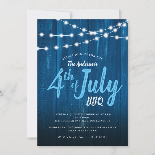 Carte 4 juillet BBQ Lumières Rustiques Bois Bleu (Devant)
