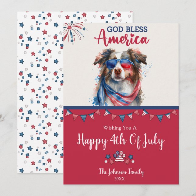 Carte 4 juillet berger australienne-chien patrioti (Devant / Derrière)
