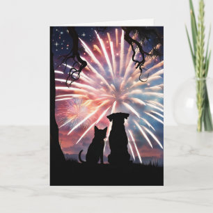 Carte 4 juillet Cute Chien et Chat regarder les feux d'a