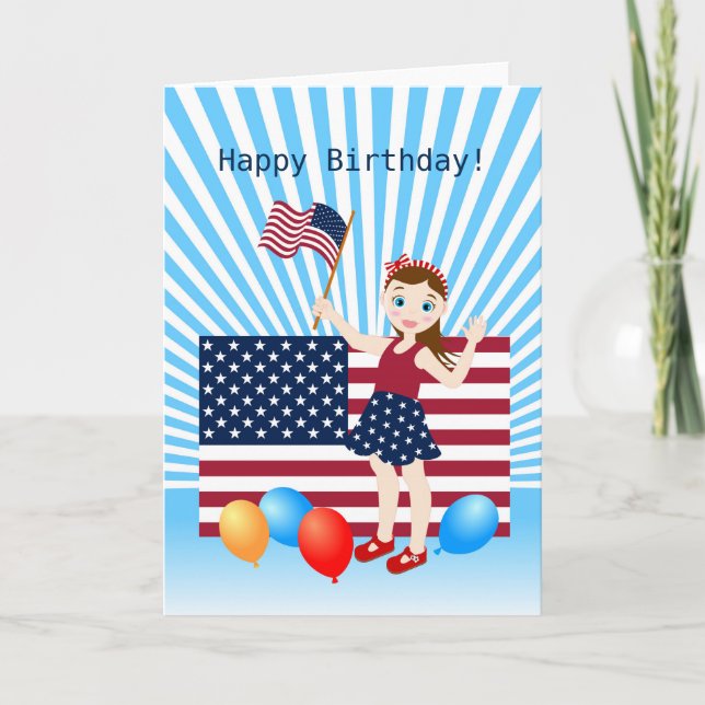 Carte 4 juillet Fille anniversaire avec drapeau américai (Devant)