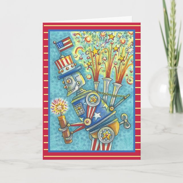Carte 4 juillet FIREWORDS ROBOT GREETING CARD Verse (Devant)