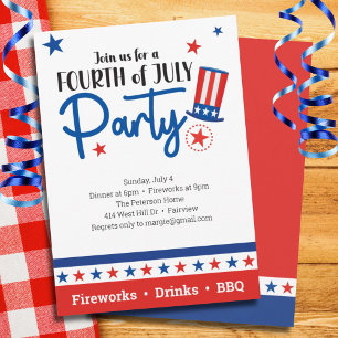 Carte 4 juillet Red White Blue Stars Casquette Party Inv