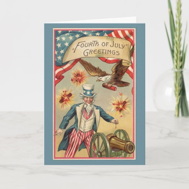 Carte 4 juillet vintage Fireworks avec Oncle Sam (Devant)