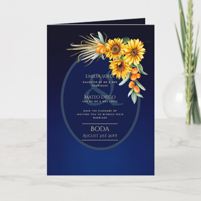 Carte 4 pg d'invitations de BODA espagnol, Blue Sunflowe (Devant)