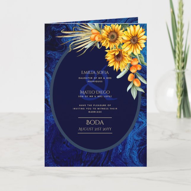 Carte 4 pg d'invitations de BODA espagnol, Blue Sunflowe (Devant)