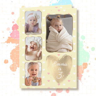 Carte 4e Anniversaire 4 Photos Or Jaune Cœurs Roses
