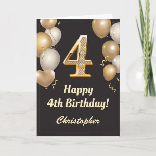 Carte 4e anniversaire Ballons Noir et Or Confetti