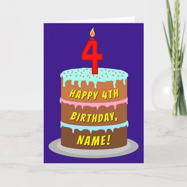 Carte 4e anniversaire : Fun Cake and Candle + Nom person (Devant)
