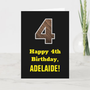 Carte 4e anniversaire : Nom, Motif faux grain de bois "4