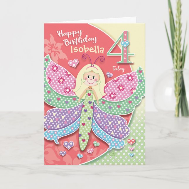 Carte 4e anniversaire, petite fille aux papillons (Devant)