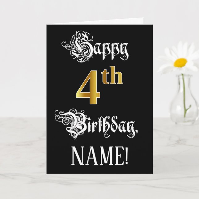 Carte 4e anniversaire — Script fantaisie; look or Faux;  (Petite plante)