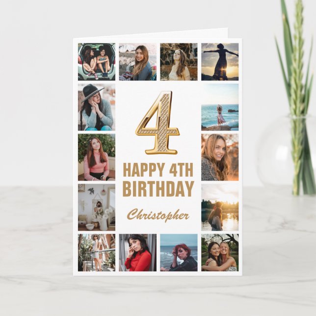 Carte 4e Joyeux Anniversaire Collage photo d'or et de bl (Devant)