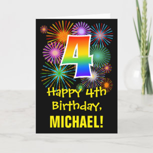 Carte 4ème anniversaire : Fun Motif Fireworks + Rainbow 