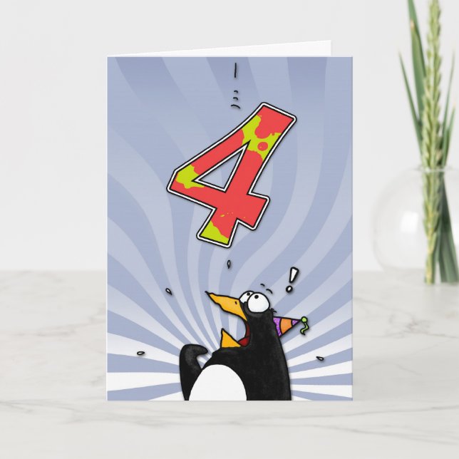 Carte 4ème anniversaire - surprise de pingouin (Devant)