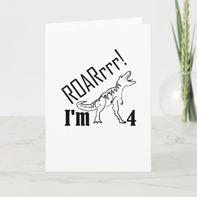 Carte 4ème L'anniversaire badine le cadeau de dinosaure (Devant)