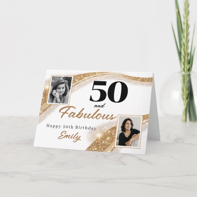 Carte 50 and Fabulous Gold Glitter Photo 50th Birthday (Devant)