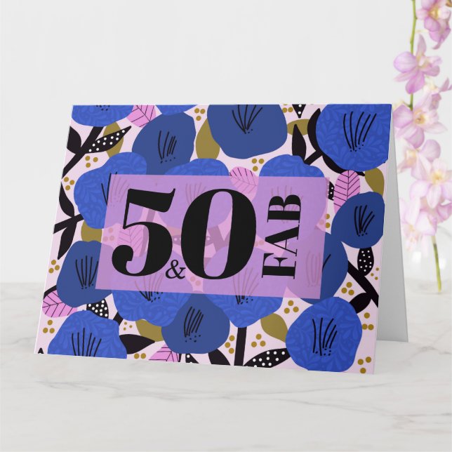 Carte 50 et fabuleux 50e anniversaire Blue Floral Patter (Orchidée)