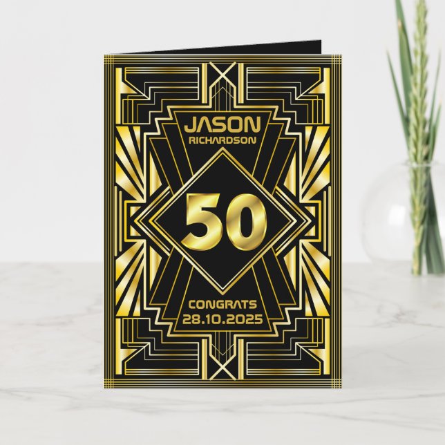 Carte 50e anniversaire Art Déco Gold Noir (Devant)