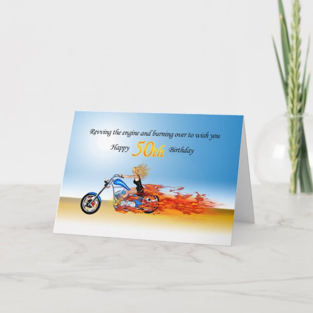 Carte 50e anniversaire avec une moto flamboyante (Devant)