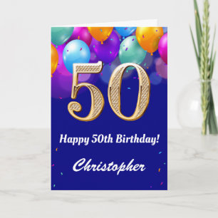 Carte 50e Anniversaire Ballons bleu et or couleur marine