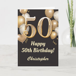 Carte 50e anniversaire Ballons Noir et Or Confetti