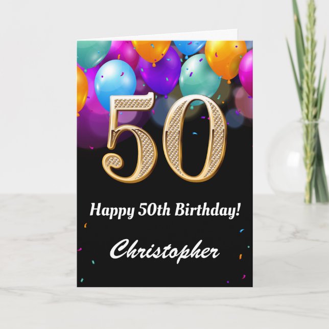 Carte 50e anniversaire Ballons noirs et dorés (Devant)