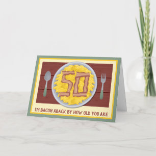 Carte 50e anniversaire de fête Mens Funny Bacon Oeufs