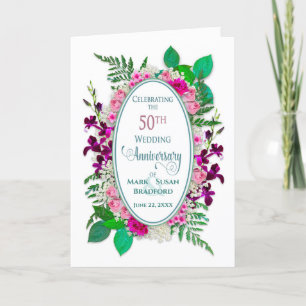 Carte 50e anniversaire de mariage, ovale, fleurs de chal