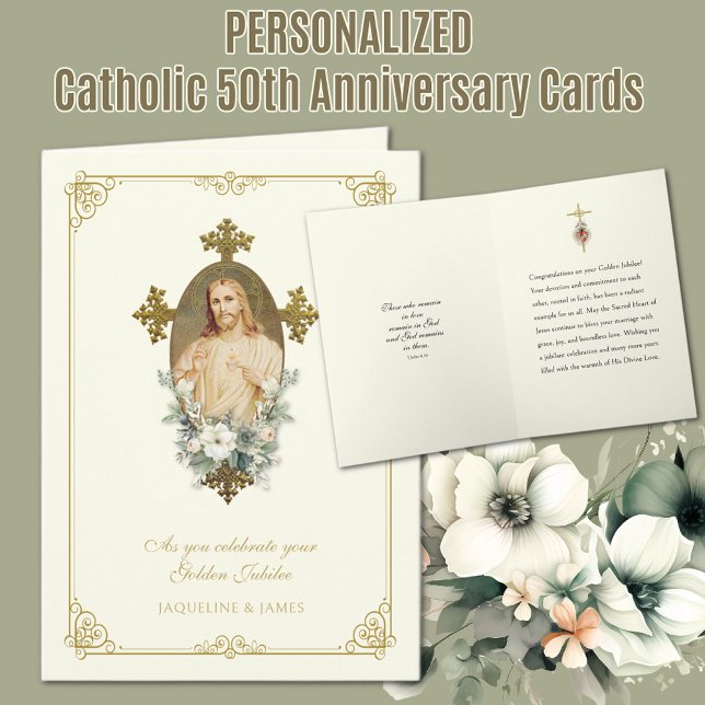 Carte 50e anniversaire du jubilé Mariage catholique Jésu (Traditional Catholic Sacred Heart of Jesus Golden 50th Wedding Anniversary Card)