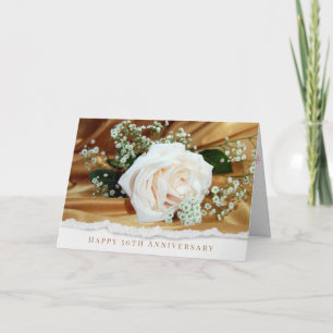 Carte 50e anniversaire du mariage rose blanche sur or