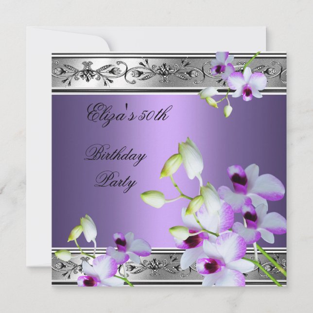 Carte 50e anniversaire élégant gris argenté floral lilas (Devant)