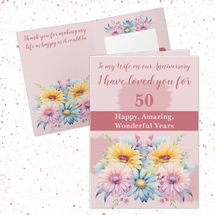 Carte 50e Anniversaire femme gerbera floral rose