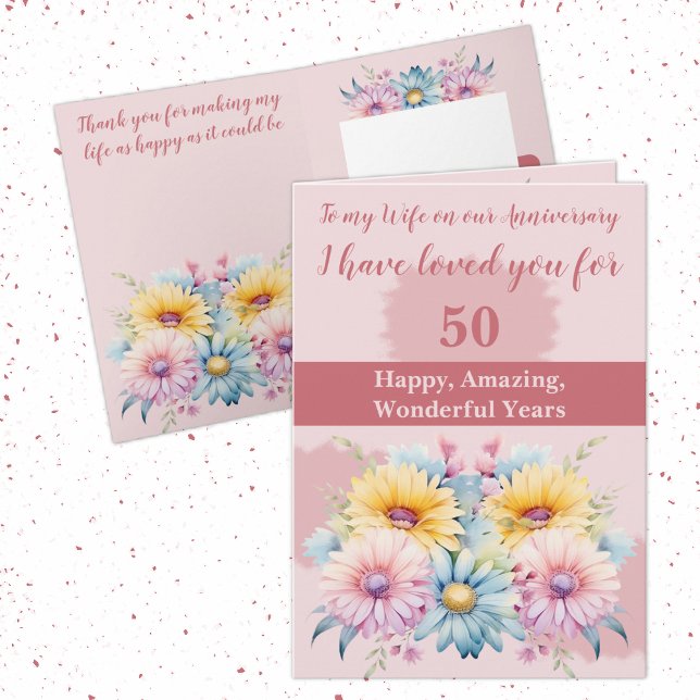 Carte 50e Anniversaire femme gerbera floral rose (Créateur téléchargé)