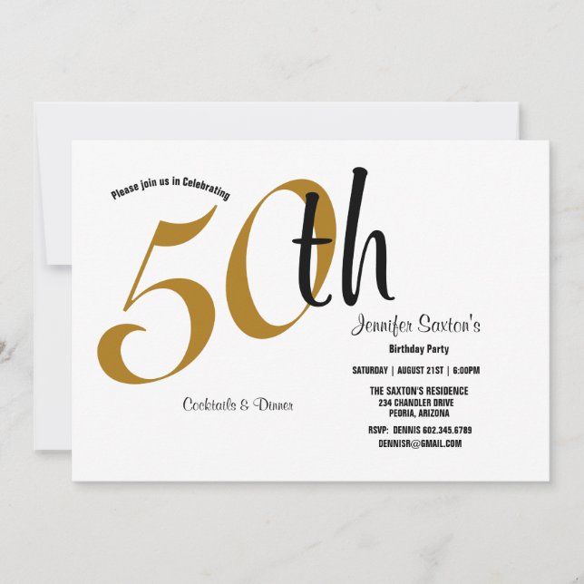 Carte 50e Anniversaire Fête, Thème Noir & Or (Devant)