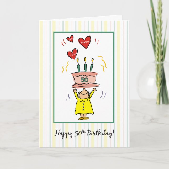 Carte 50e anniversaire gâteau et coeurs pour femme (Devant)