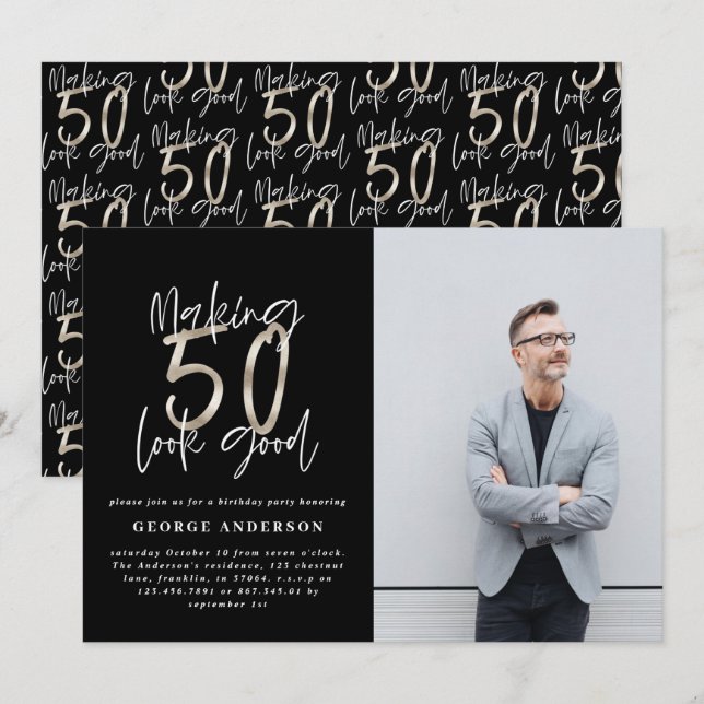 Carte 50e anniversaire noir argent élégant moderne (Devant / Derrière)