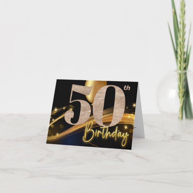 Carte 50e anniversaire noir et or élégant anniversaire (Devant)