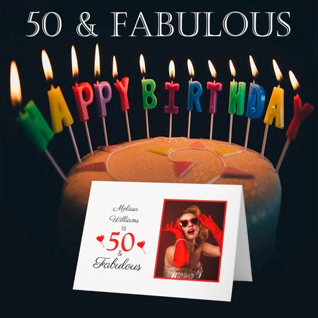 Carte 50e anniversaire Nom Photo 50 et Fabulous Red Hear (Créateur téléchargé)