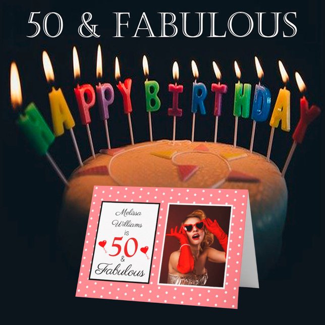 Carte 50e anniversaire Nom Photo 50 & Fabuleux rose blan (Créateur téléchargé)