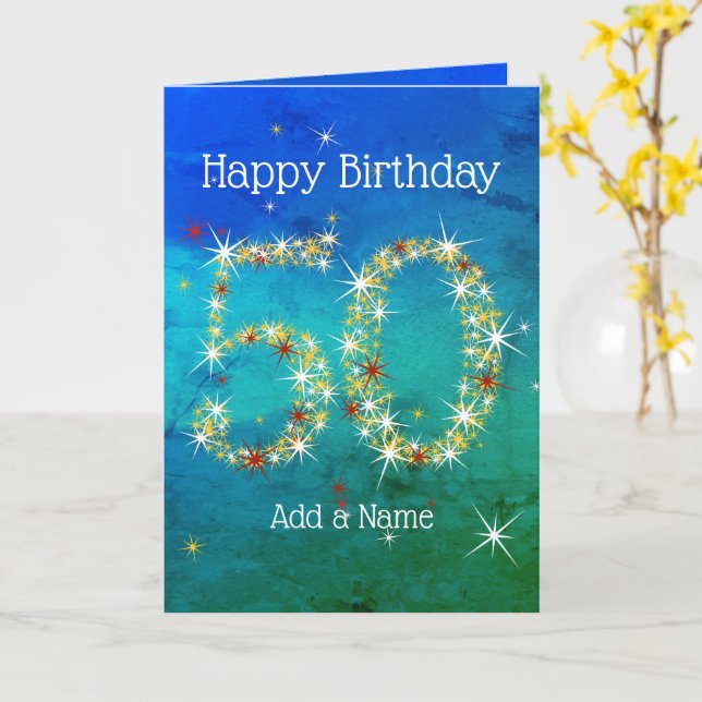 Carte 50e anniversaire - Nombres d'étoiles - Vert bleu - (Fleur jaune)