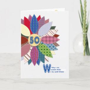 Carte 50e anniversaire pour mère, fleur cousue