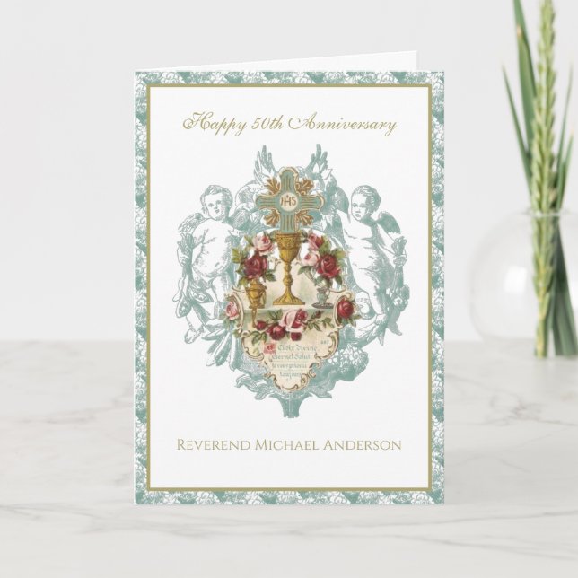 Carte 50e Anniversaire Prêtre Élégant Chalice Floral (Devant)