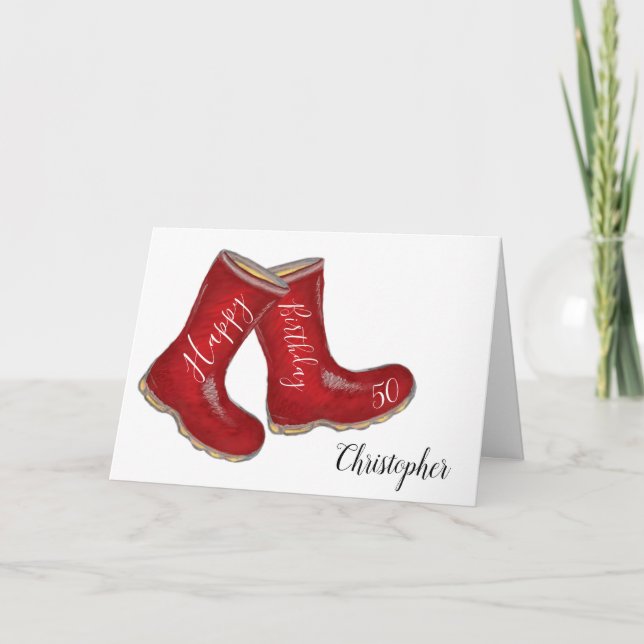 Carte 50e anniversaire rouge à bottes bien papa/ mari/ h (Devant)