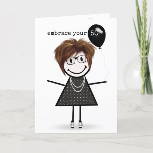 Carte 50e Anniversaire Stick Figure Girl avec ballon