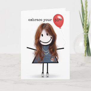 Carte 50e Anniversaire Stick Figure Girl avec Ballons Ro