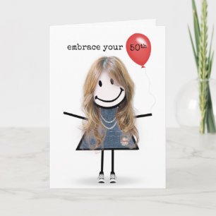 Carte 50e Anniversaire Stick Figure Girl avec Ballons Ro