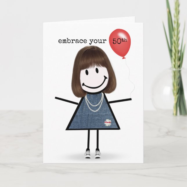 Carte 50e Anniversaire Stick Figure Girl avec Ballons Ro (Devant)