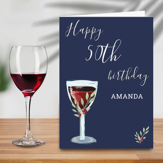 Carte 50e anniversaire Vin rouge Rose Aquarelle Marine B (Créateur téléchargé)
